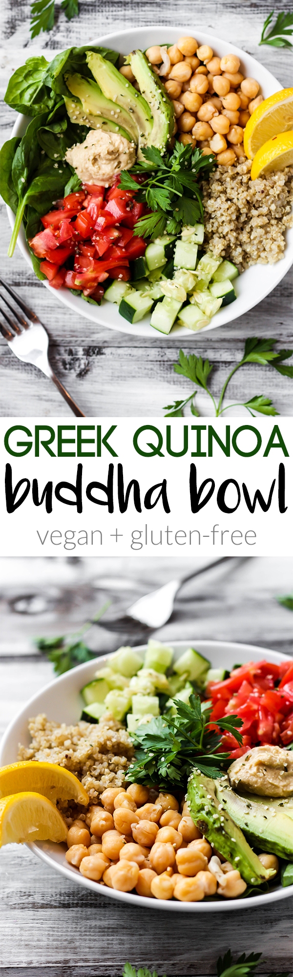 Full of greens and beans, this Greek Quinoa Buddha Bowl is the ultimate healthy lunch or dinner. It's ready in 20 minutes and packed with fresh flavors!