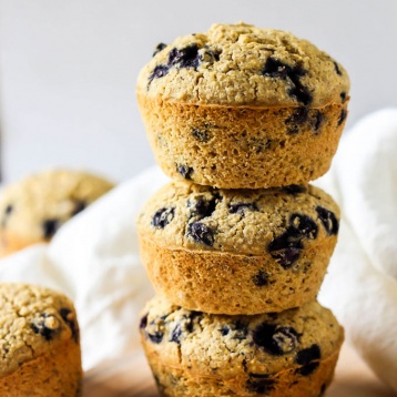 a stack of blueberry muffins