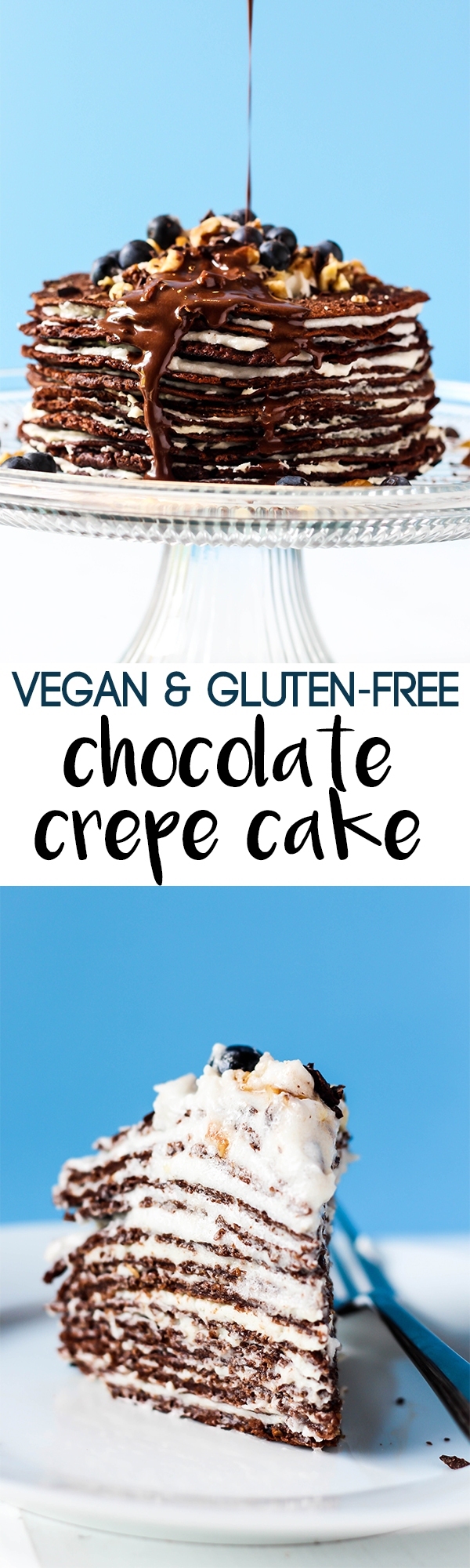 This Chocolate Crepe Cake is sure to stand out at any party! Made with wholesome ingredients, this vegan & gluten-free cake is a healthier way to indulge.