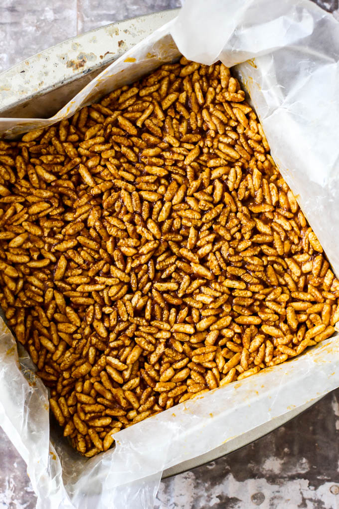 a square baking dish filled with homemade rice crispy treats