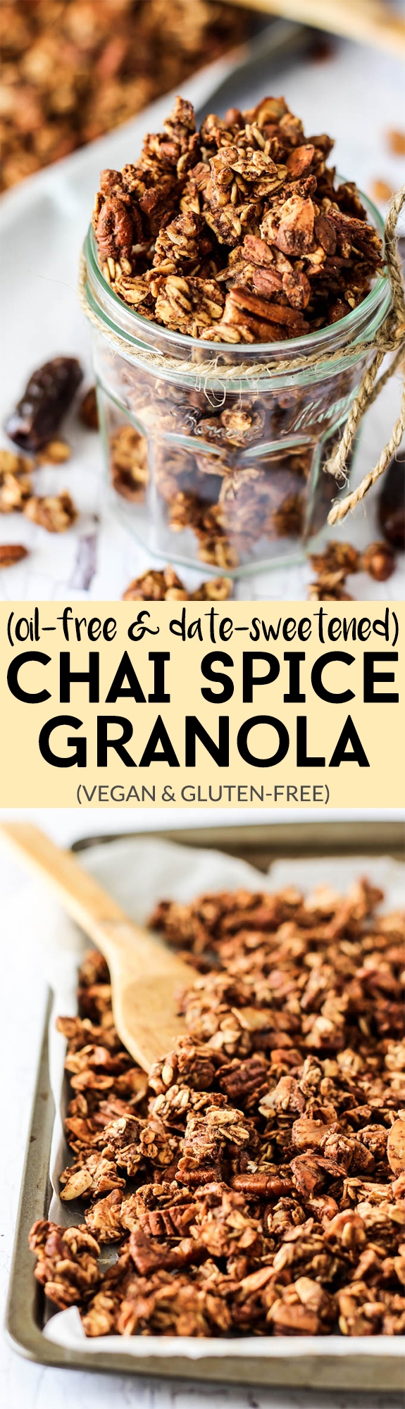 Enjoy the warming flavors in this chunky Chai Spice Granola! It's full of oats & nuts without oil, plus it's completely date-sweetened. Vegan & gluten-free!