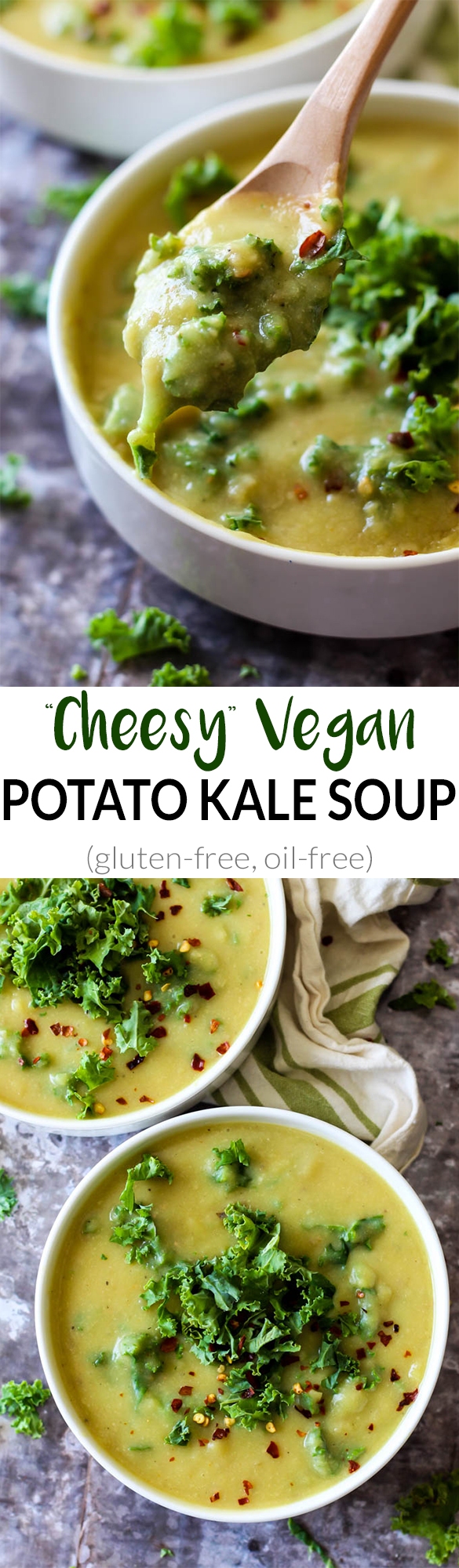 Cozy up to this Cheesy Vegan Potato Kale Soup all winter for a healthy, comforting meal! It's creamy, filling & bursting with green goodness.