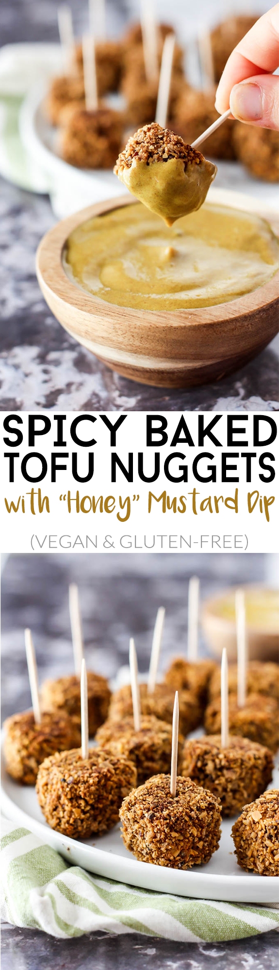 Crispy, bite-sized & perfectly spicy, these Baked Tofu Nuggets with "Honey" Mustard Dip are your new favorite finger food or appetizer! Vegan & gluten-free.