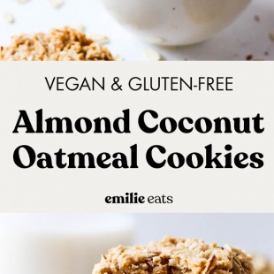 These Almond Coconut Oatmeal Cookies are healthy enough to eat for breakfast or a snack! They're deliciously soft, full of coconut & are vegan/gluten-free.
