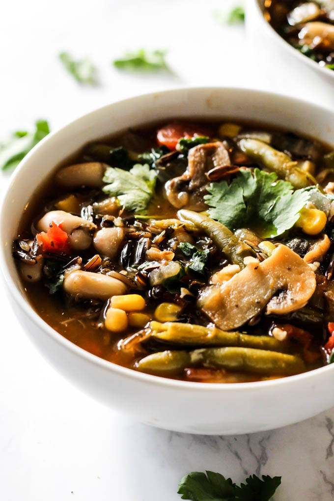 a close up of a bowl of veggie wild rice soup