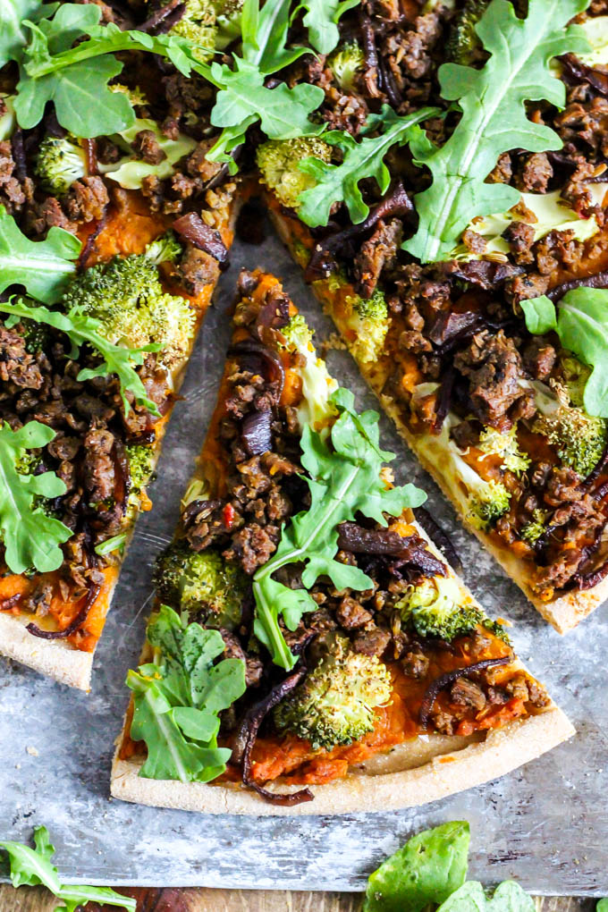 Put a twist on pizza night by making this Hearty Vegan Butternut Squash Pizza loaded with vegetables! It is full of plant protein, flavorful & whole wheat.