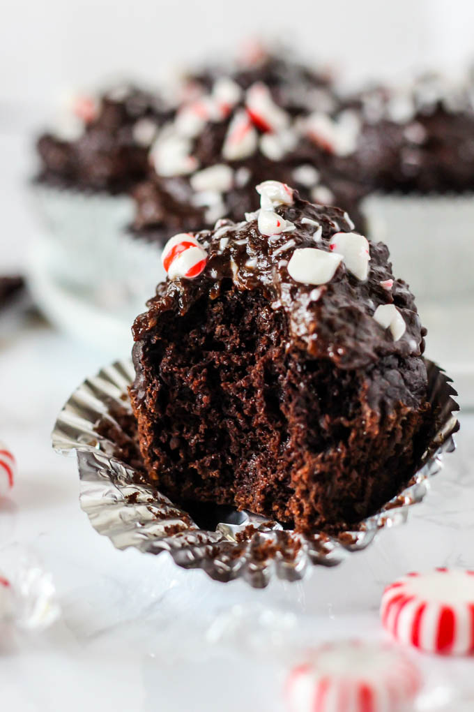 a chocolate peppermint cupcake with a bit taken out of it