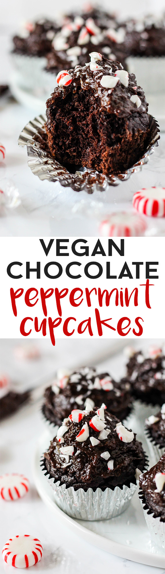 These fluffy, oil-free Vegan Chocolate Peppermint Cupcakes are the ultimate holiday dessert. They're topped with a naturally sweet chocolate date frosting!