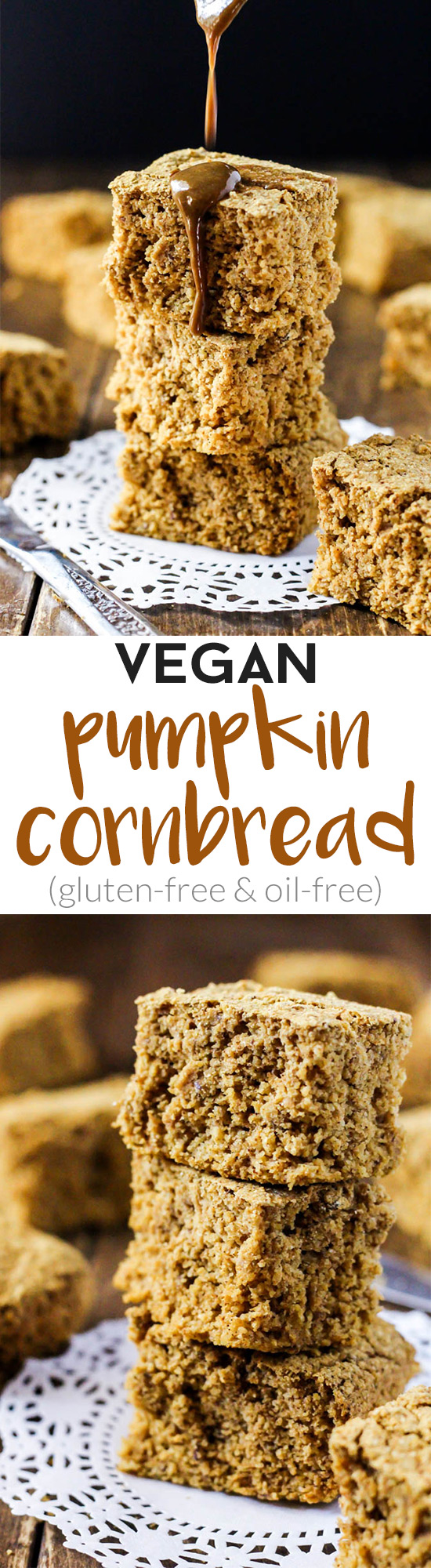 This delicious, fluffy Vegan Pumpkin Cornbread is your new favorite side dish for a holiday dinner or weeknight meal! Gluten-free & oil-free.