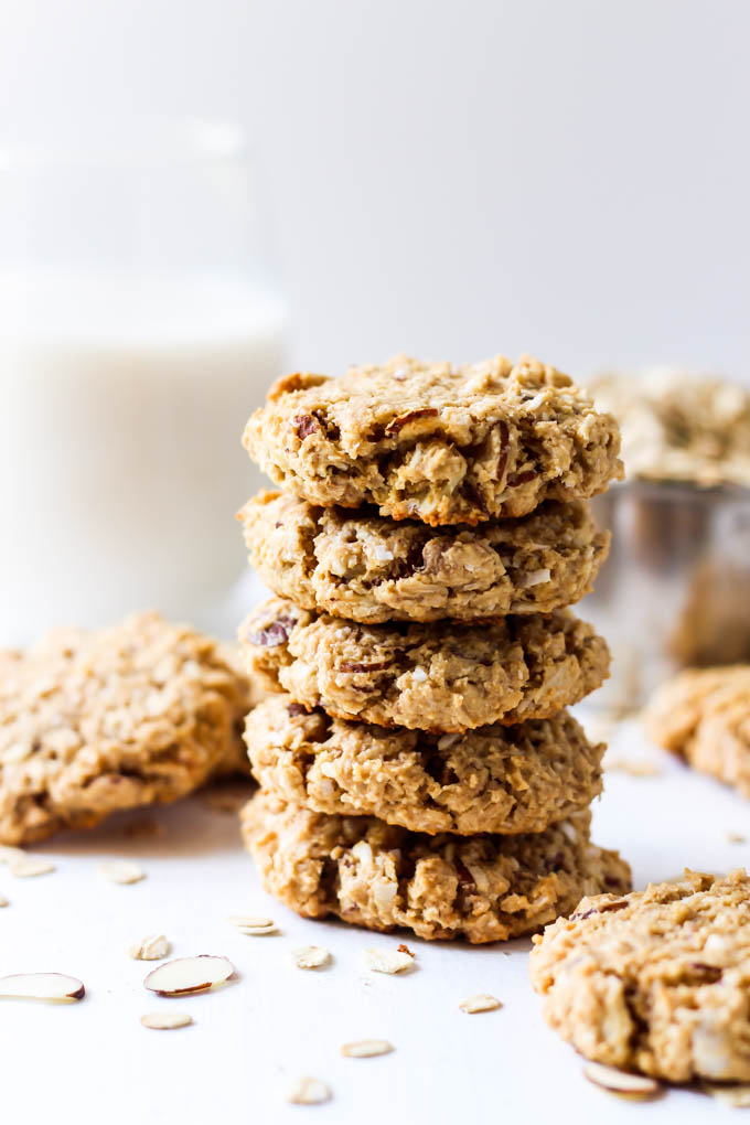 These Almond Coconut Oatmeal Cookies are healthy enough to eat for breakfast or a snack! They're deliciously soft, full of coconut & are vegan/gluten-free.