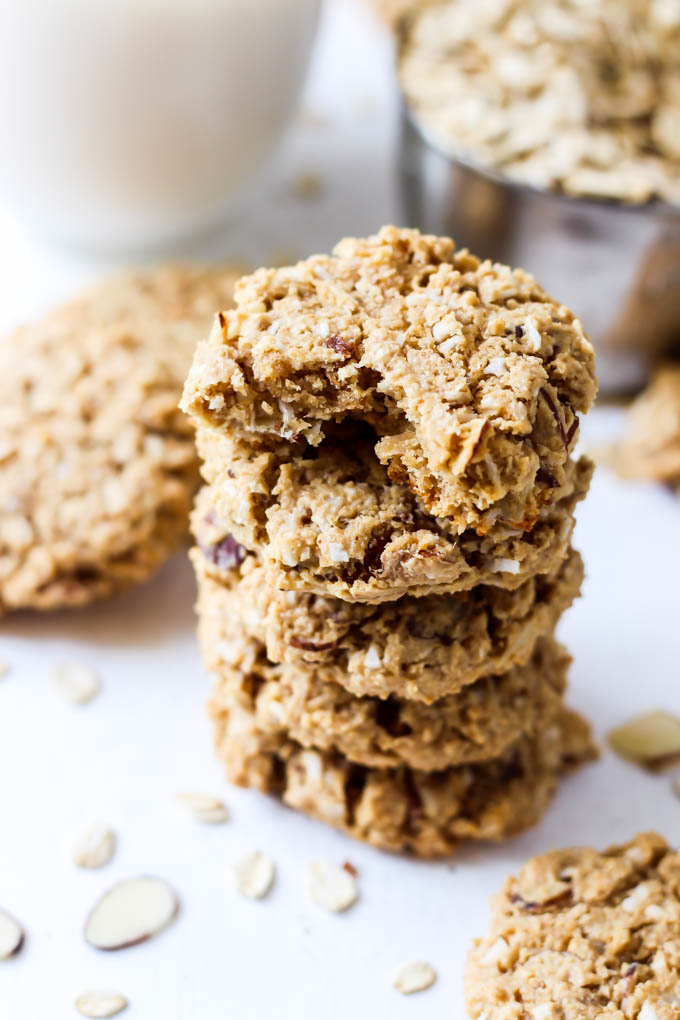 a stack of 5 coconut almond cookies