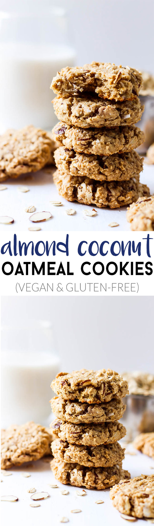 These Almond Coconut Oatmeal Cookies are healthy enough to eat for breakfast or a snack! They're deliciously soft, full of coconut & are vegan/gluten-free.