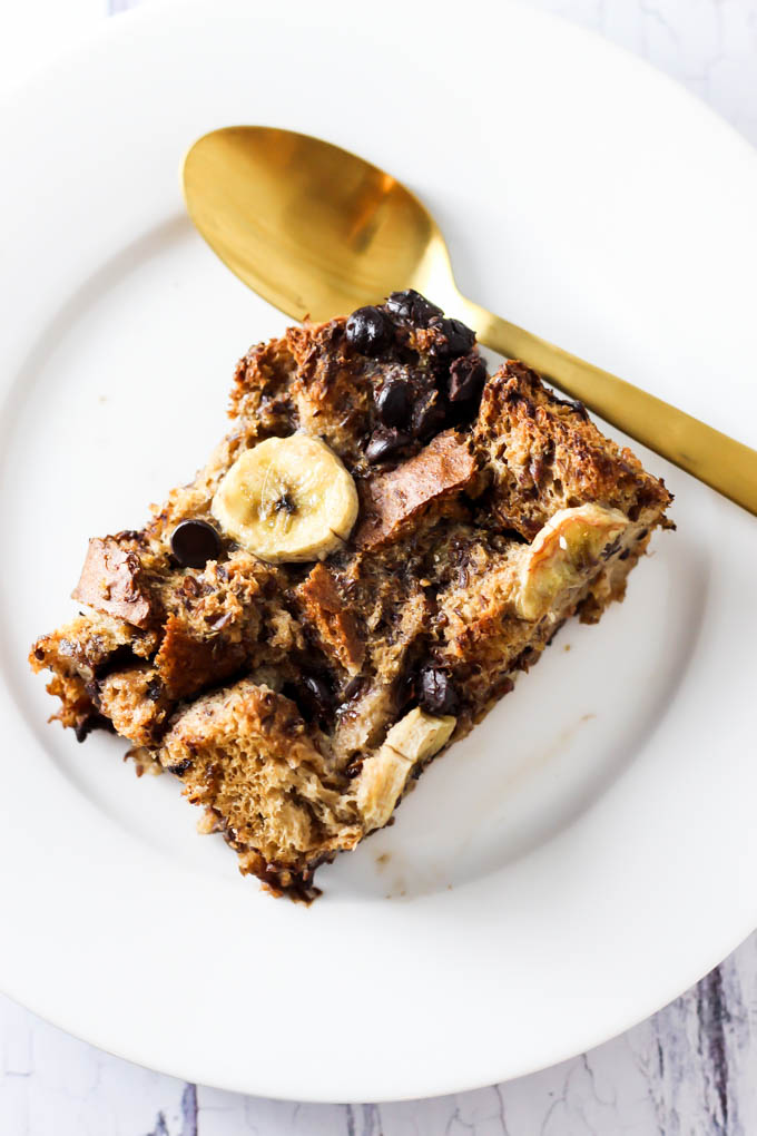 This Banana Chocolate Chip Vegan French Toast Casserole is the most delicious way to start any morning! Serve it as a healthier crowd-pleasing breakfast.