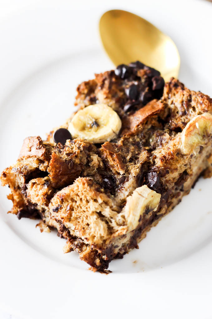 This Banana Chocolate Chip Vegan French Toast Casserole is the most delicious way to start any morning! Serve it as a healthier crowd-pleasing breakfast.