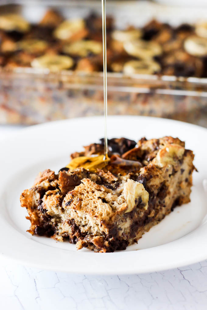 This Banana Chocolate Chip Vegan French Toast Casserole is the most delicious way to start any morning! Serve it as a healthier crowd-pleasing breakfast.