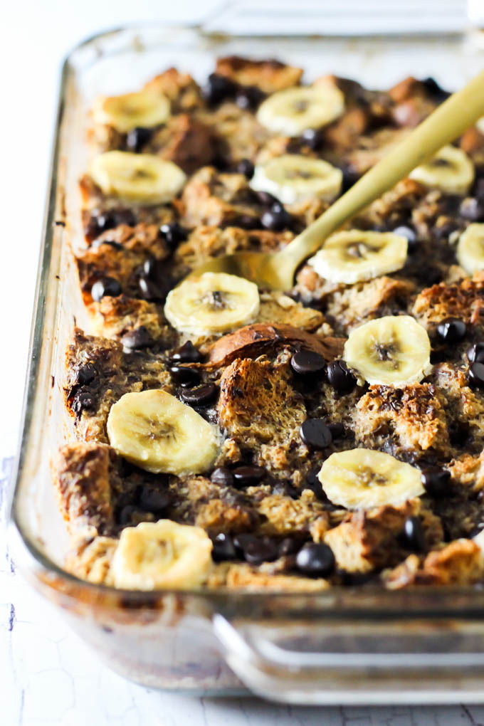 This Banana Chocolate Chip Vegan French Toast Casserole is the most delicious way to start any morning! Serve it as a healthier crowd-pleasing breakfast.