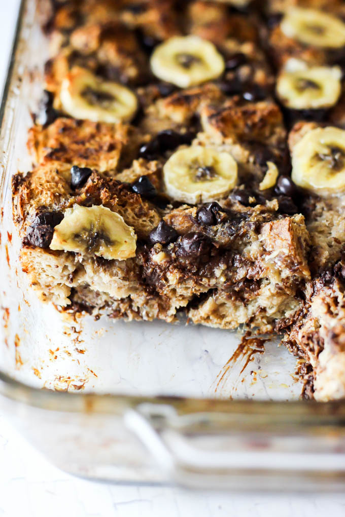 This Banana Chocolate Chip Vegan French Toast Casserole is the most delicious way to start any morning! Serve it as a healthier crowd-pleasing breakfast.