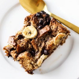 This Banana Chocolate Chip Vegan French Toast Casserole is the most delicious way to start any morning! Serve it as a healthier crowd-pleasing breakfast.