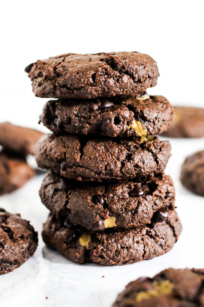 These gooey Stuffed Double Chocolate Chip Cookies are perfect treats to serve for a crowd! They're nut-free, vegan & gluten-free, so everyone can enjoy one.