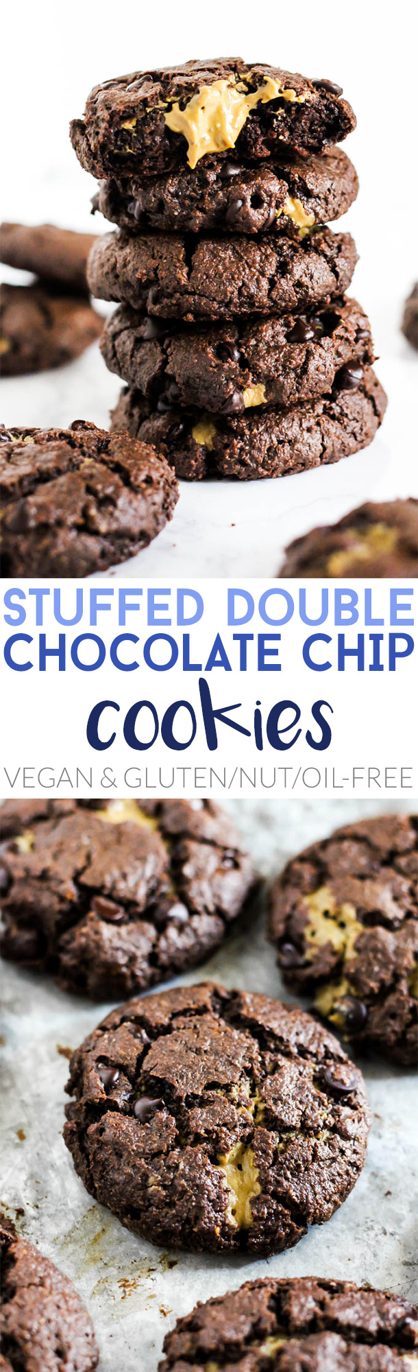 These gooey Stuffed Double Chocolate Chip Cookies are perfect treats to serve for a crowd! They're nut-free, vegan & gluten-free, so everyone can enjoy one.