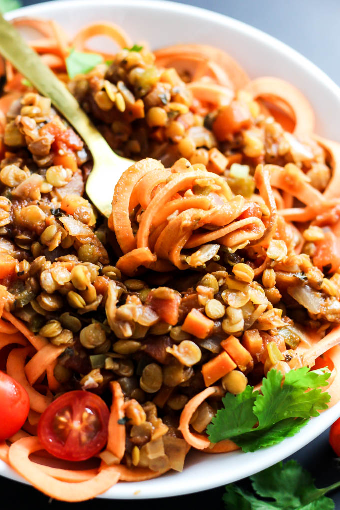 Enjoy this classic flavors of this Sweet Potato Spaghetti with Chunky Lentil Sauce! This vegan & gluten-free meal is comforting and filling, yet healthy.