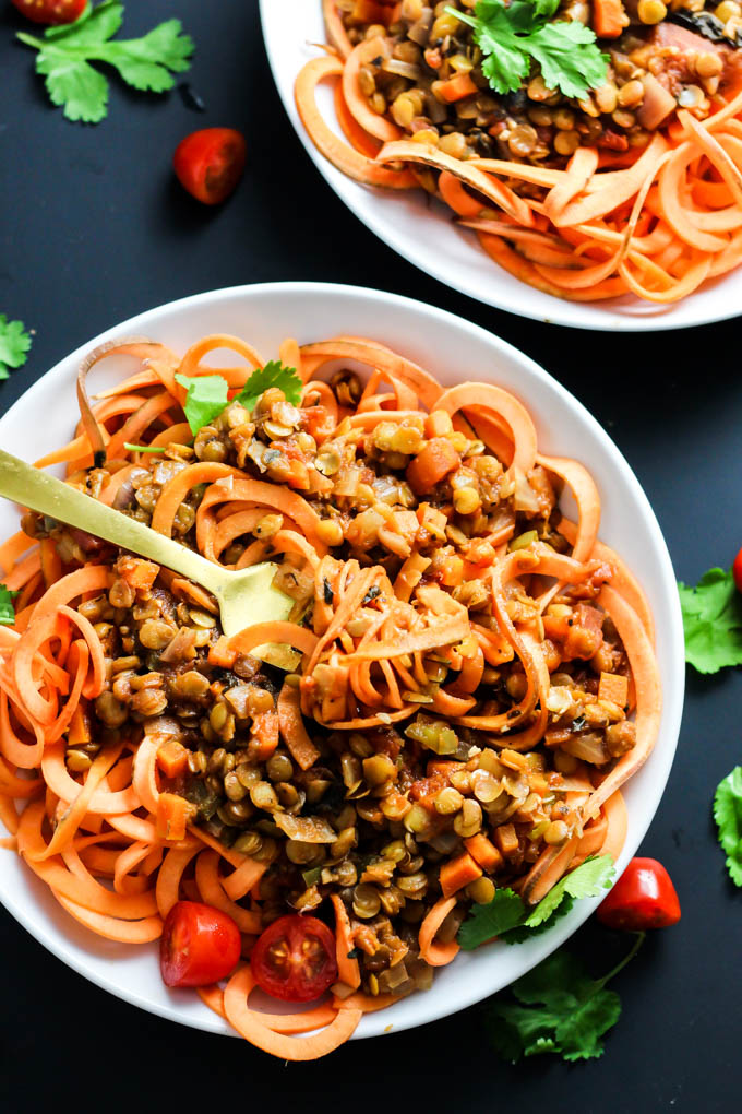 Enjoy this classic flavors of this Sweet Potato Spaghetti with Chunky Lentil Sauce! This vegan & gluten-free meal is comforting and filling, yet healthy.