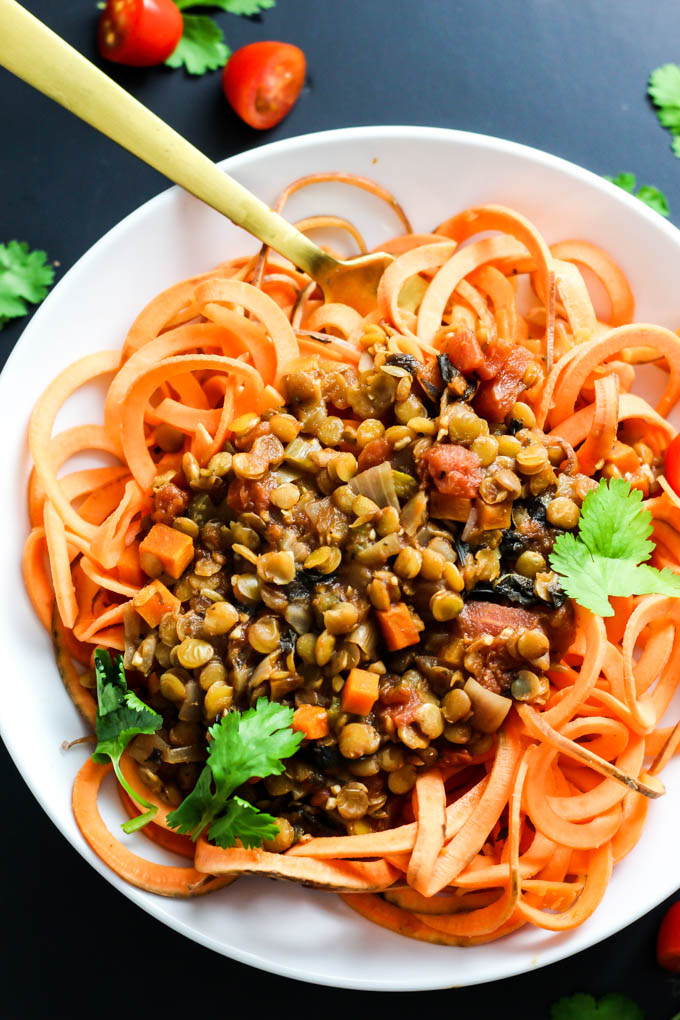 Enjoy this classic flavors of this Sweet Potato Spaghetti with Chunky Lentil Sauce! This vegan & gluten-free meal is comforting and filling, yet healthy.