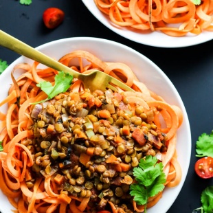 Enjoy this classic flavors of this Sweet Potato Spaghetti with Chunky Lentil Sauce! This vegan & gluten-free meal is comforting and filling, yet healthy.