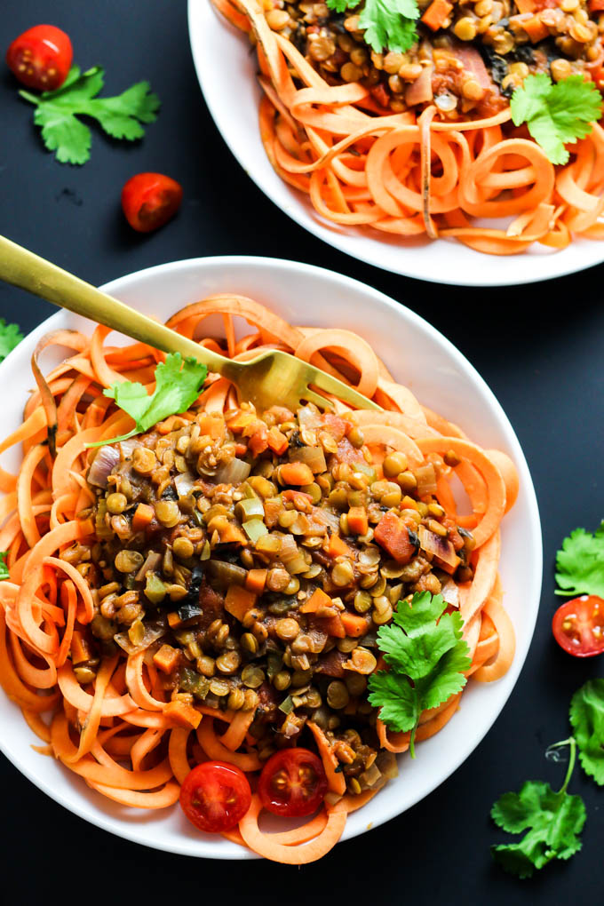 Enjoy this classic flavors of this Sweet Potato Spaghetti with Chunky Lentil Sauce! This vegan & gluten-free meal is comforting and filling, yet healthy.