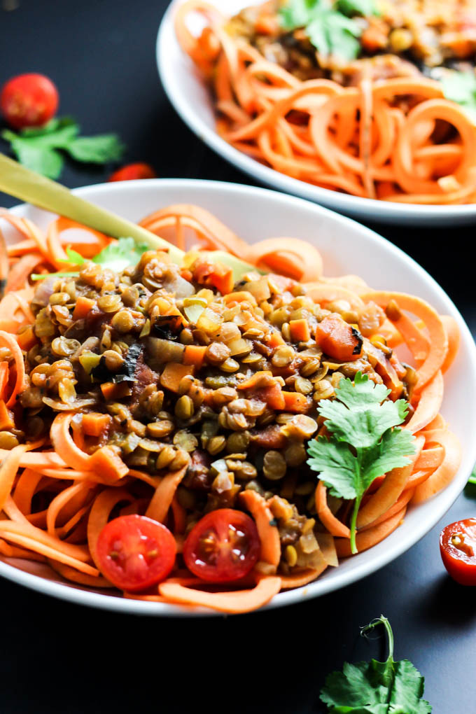 Enjoy this classic flavors of this Sweet Potato Spaghetti with Chunky Lentil Sauce! This vegan & gluten-free meal is comforting and filling, yet healthy.