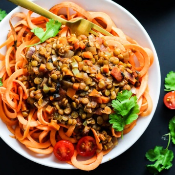 Enjoy this classic flavors of this Sweet Potato Spaghetti with Chunky Lentil Sauce! This vegan & gluten-free meal is comforting and filling, yet healthy.