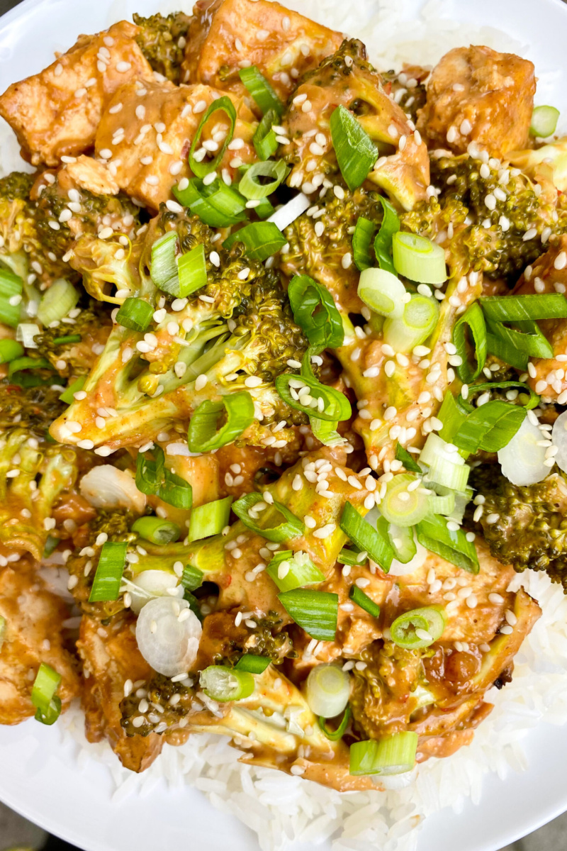 a plate of peanut tofu and broccoli topped with green onion