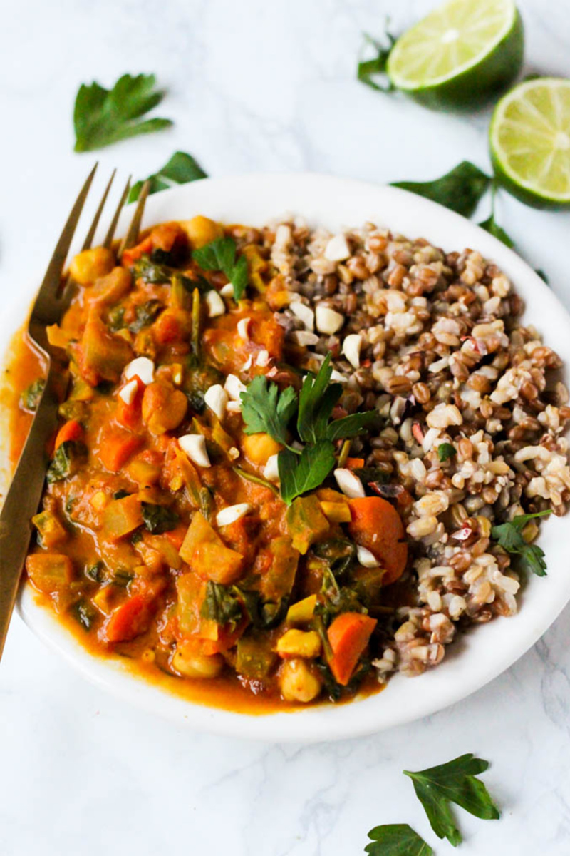 a chickpea and peanut stew served with grains