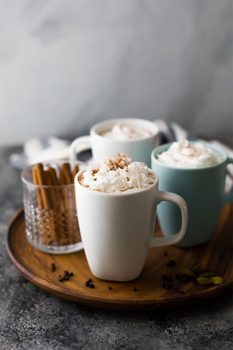 three mugs of chai tea lattes