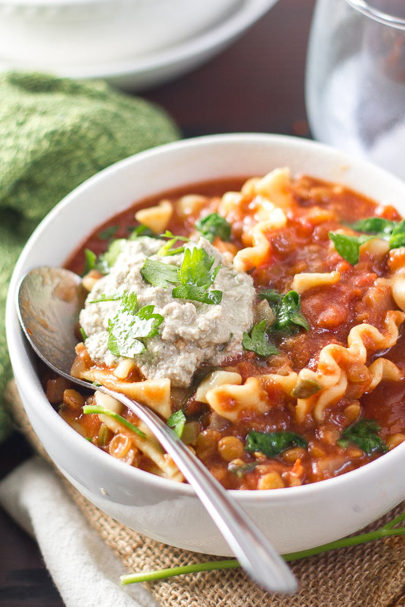 a bowl of vegan lasagna soup