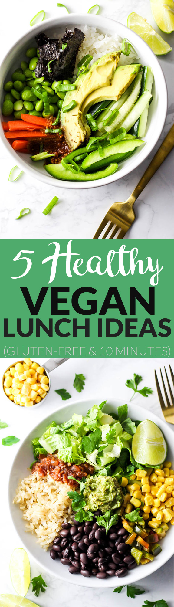 Use these 5 Healthy Vegan Lunch Ideas to pack wholesome lunches for work or school! These recipes are packed with vegetables & flavor to keep you satisfied.