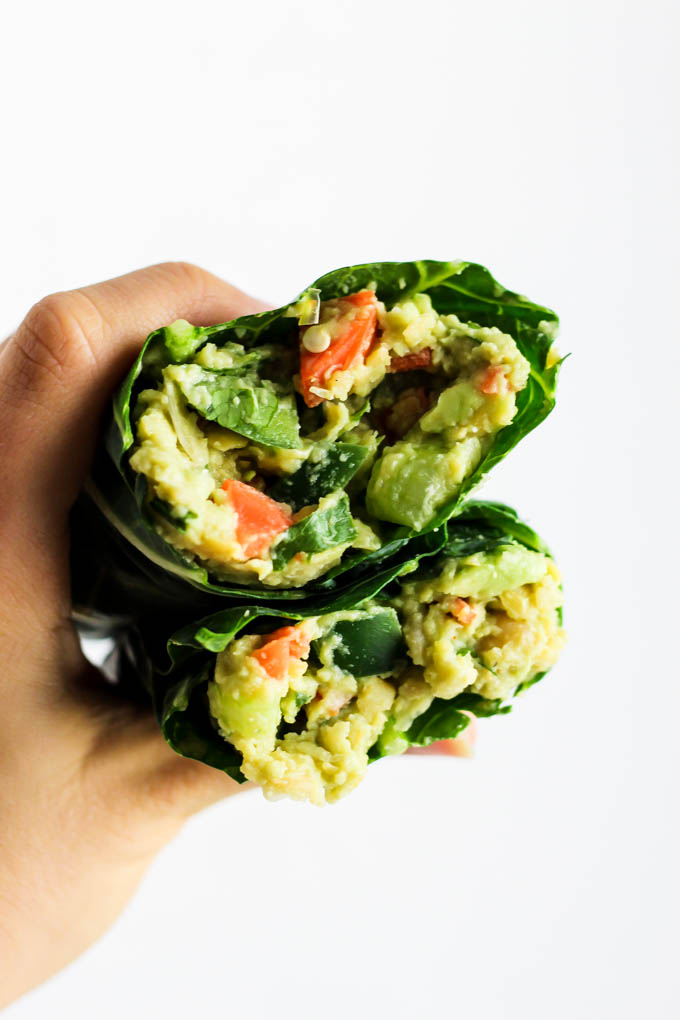 These Avocado Chickpea Salad Collard Wraps are perfect to pack for on-the-go! They're packed with fiber, protein & greens for a healthy lunch or dinner. Vegan & gluten-free!