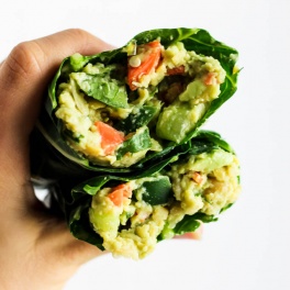 These Avocado Chickpea Salad Collard Wraps are perfect to pack for on-the-go! They're packed with fiber, protein & greens for a healthy lunch or dinner. Vegan & gluten-free!