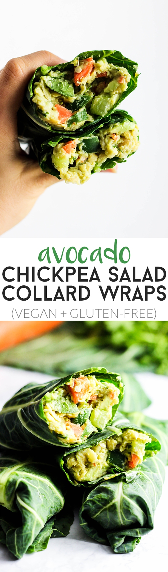 These Avocado Chickpea Salad Collard Wraps are perfect to pack for on-the-go! They're packed with fiber, protein & greens for a healthy lunch or dinner. Vegan & gluten-free!