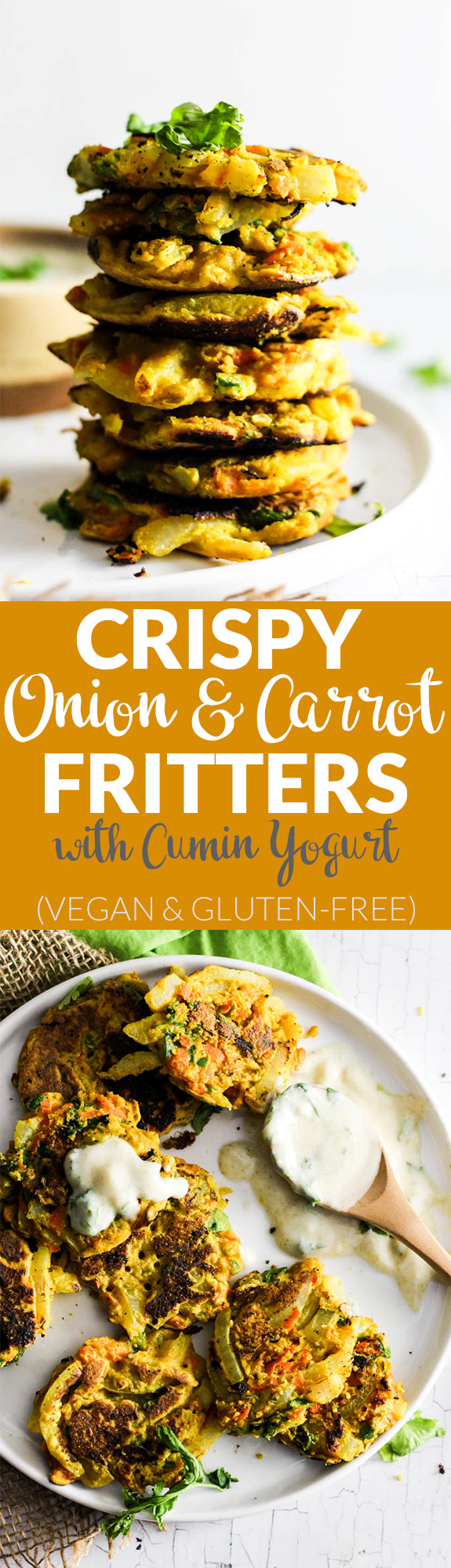 Add these Crispy Onion & Carrot Fritters to dinner for a flavorful, vegetable-packed side dish! A dollop of cumin yogurt tops it off. Vegan & gluten-free!