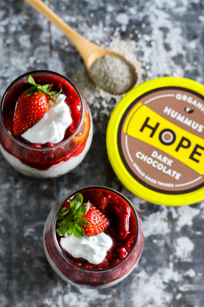 Dessert for two! These Strawberry Chocolate Chia Seed Pudding Parfaits are the easiest vegan & gluten-free dessert to whip up for you & someone special.