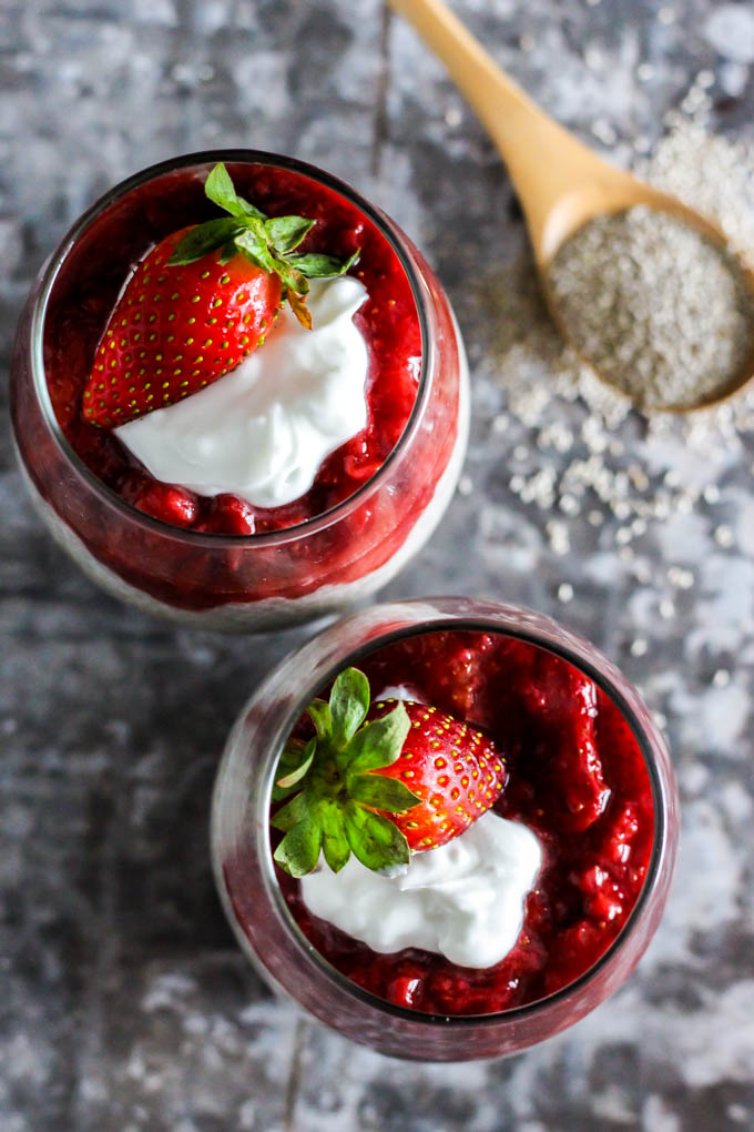 Dessert for two! These Strawberry Chocolate Chia Seed Pudding Parfaits are the easiest vegan & gluten-free dessert to whip up for you & someone special.