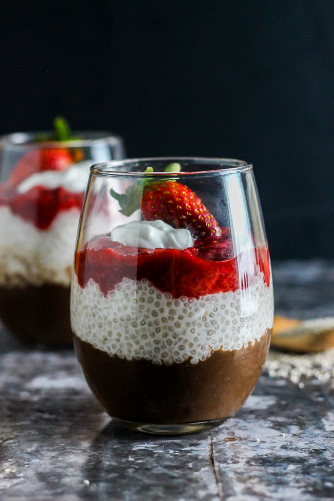 Dessert for two! These Strawberry Chocolate Chia Seed Pudding Parfaits are the easiest vegan & gluten-free dessert to whip up for you & someone special.