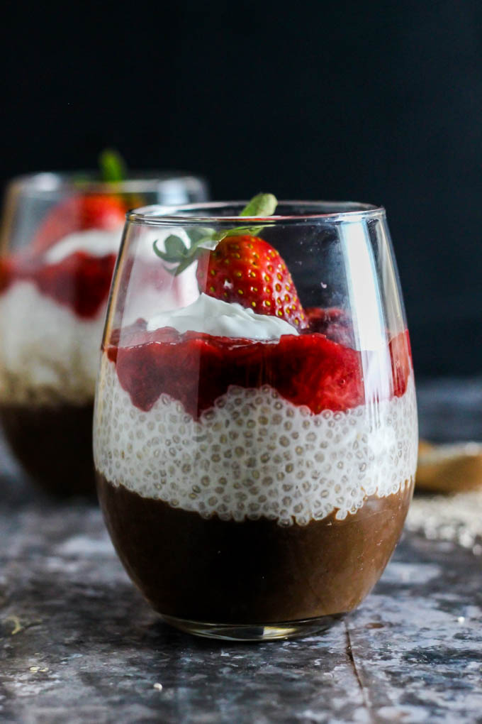 Dessert for two! These Strawberry Chocolate Chia Seed Pudding Parfaits are the easiest vegan & gluten-free dessert to whip up for you & someone special.