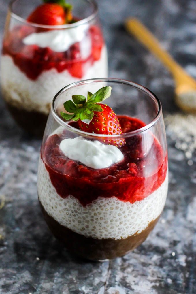 Dessert for two! These Strawberry Chocolate Chia Seed Pudding Parfaits are the easiest vegan & gluten-free dessert to whip up for you & someone special.