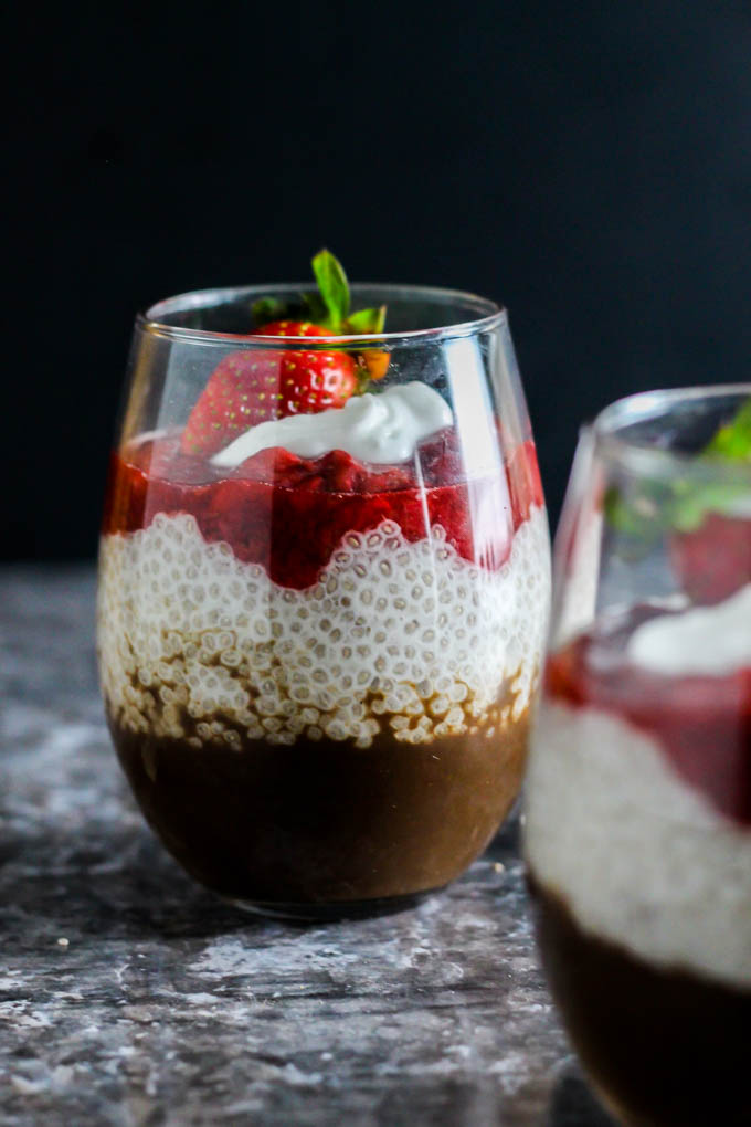 Dessert for two! These Strawberry Chocolate Chia Seed Pudding Parfaits are the easiest vegan & gluten-free dessert to whip up for you & someone special.