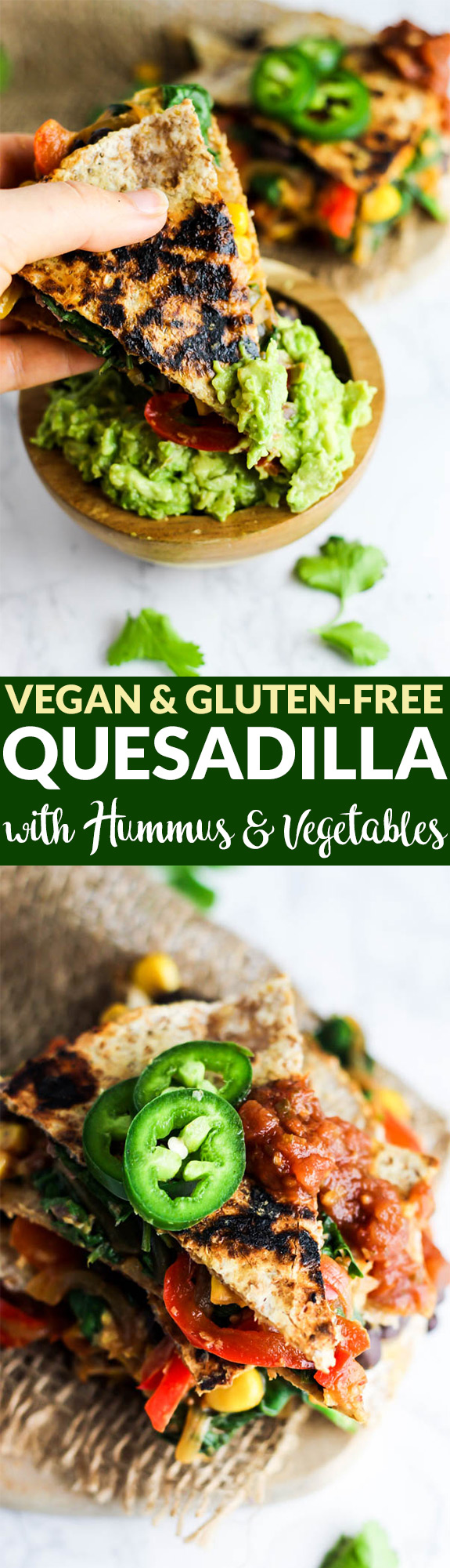 Enjoy this Vegan Quesadilla with Hummus & Vegetables for a healthy, flavorful meal or appetizer that is irresistible! Don't forget the guac. (gluten-free)