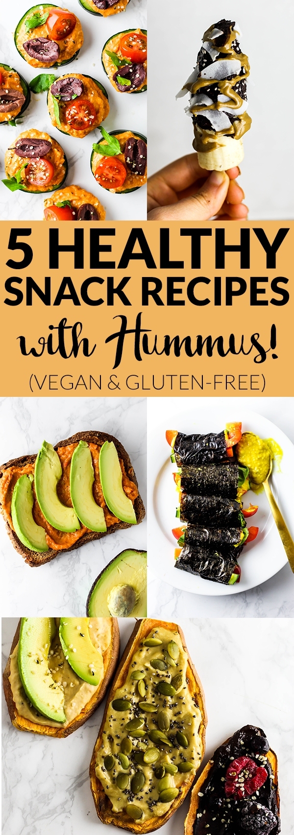 Take snacking to the next level with 5 healthy snack recipes made with hummus! From sweet to savory, these vegan & gluten-free recipes are sure to satisfy.