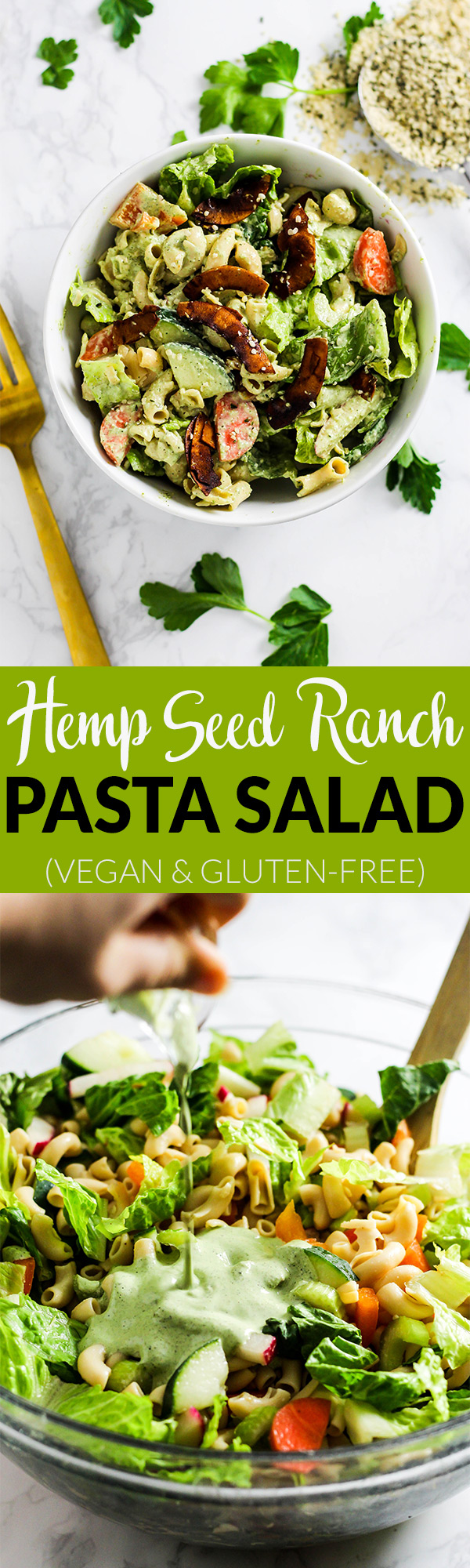 With crunchy vegetables, hearty pasta & creamy hemp ranch, this Vegan Pasta Salad is an easy dinner that's easily packable for lunch! Vegan & gluten-free.