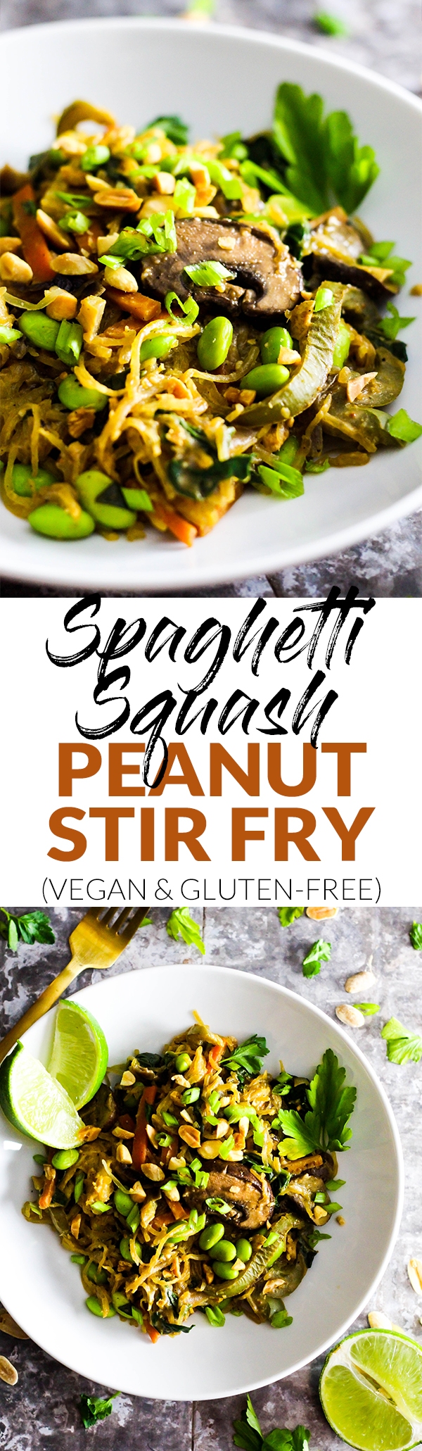 This Spaghetti Squash Peanut Stir Fry is an easy, hearty, vegetable-packed dinner that's done in just 1 hour. Vegan & gluten-free!